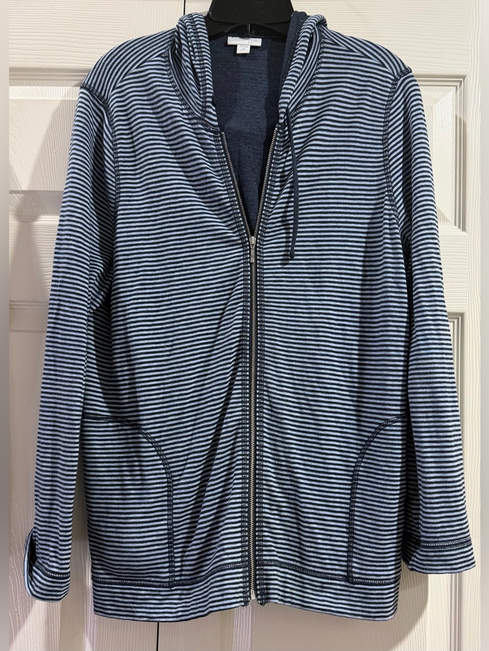 J.Jill Sweater Hoodie Double Knit Navy Blue Striped Full Zip Petite Sz M